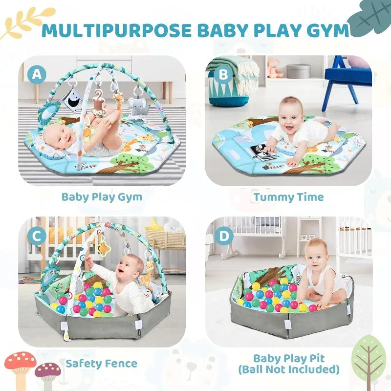 Baby Sensory Gym Play Mat, 8-in-1 Tummy Time 6 Toys, Washable
