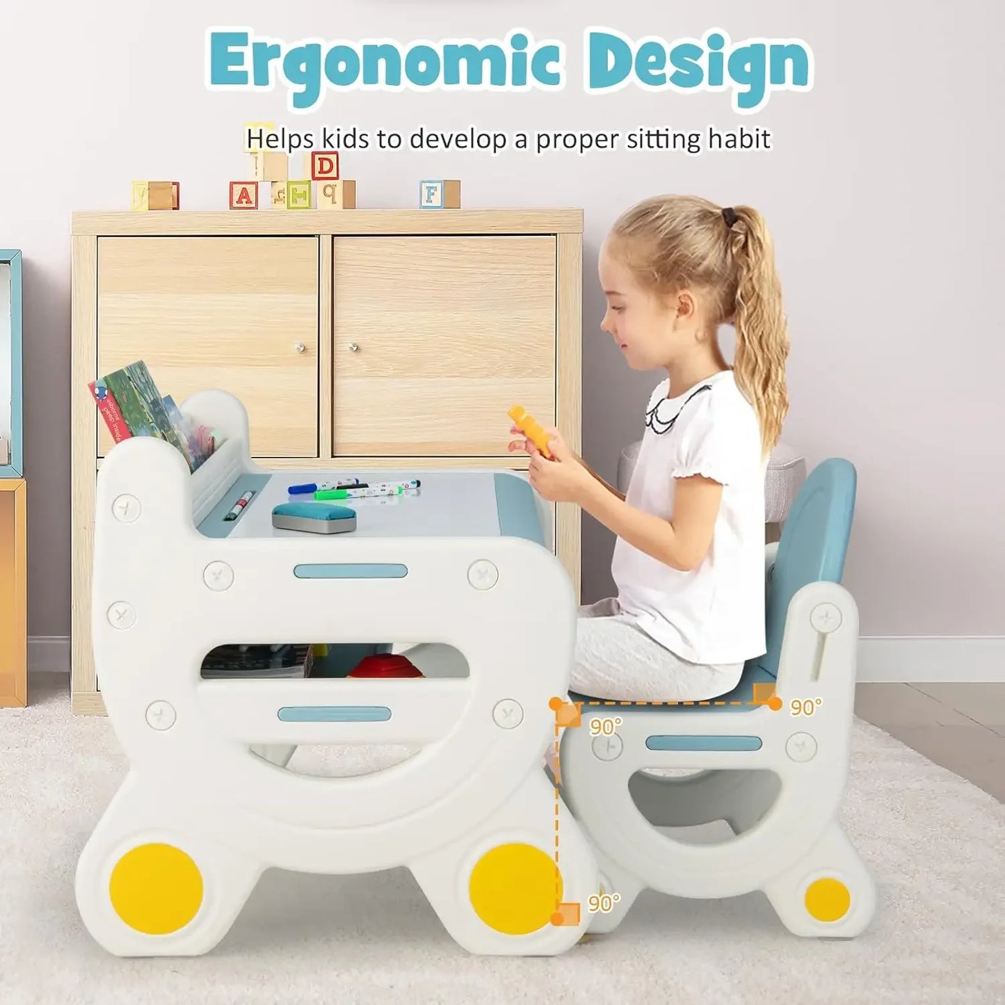 Kids Desk and Chair Set, with Watercolor Pens, Blackboard Eraser & Storage Shelf for Drawing,