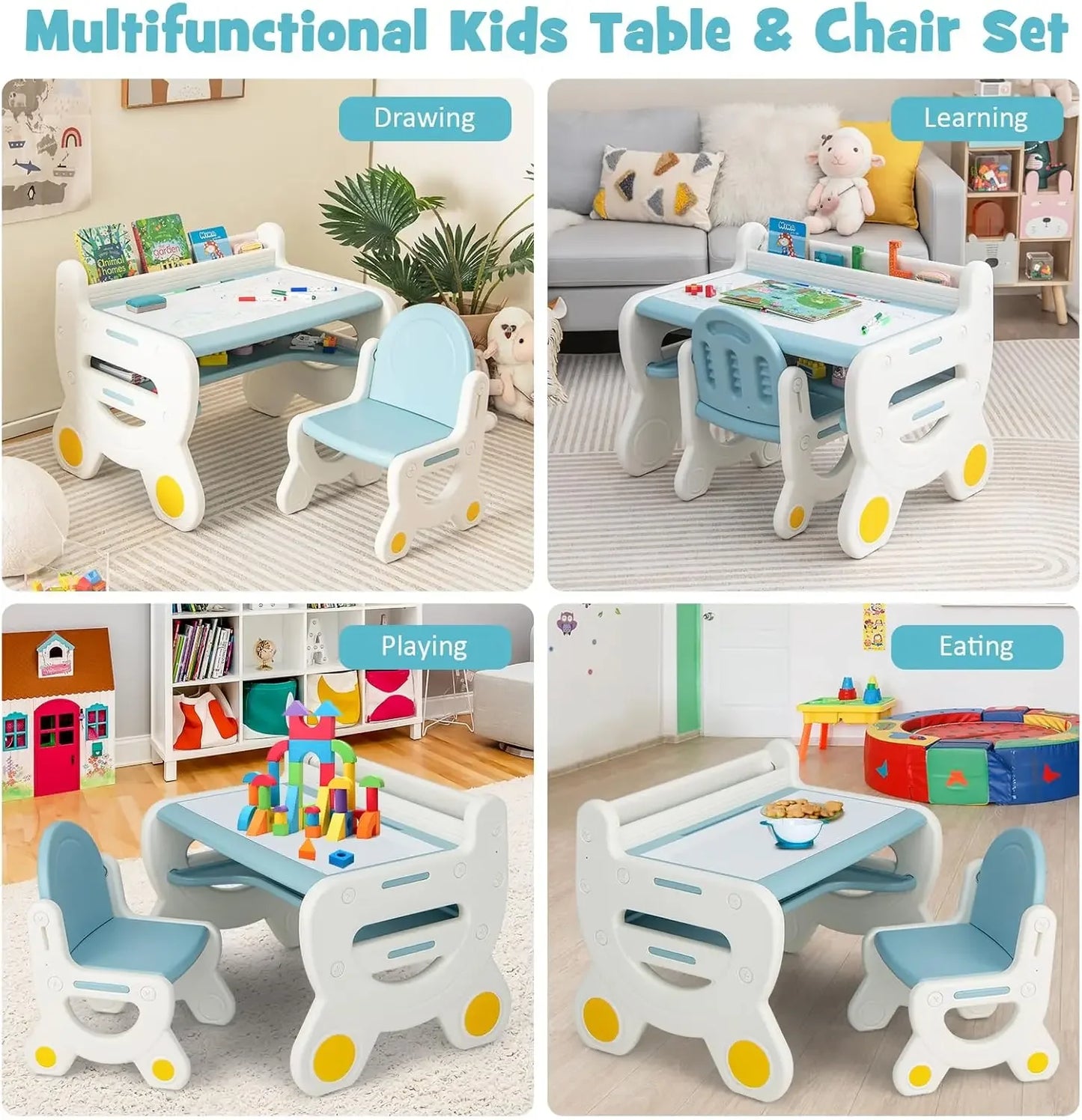Kids Desk and Chair Set, with Watercolor Pens, Blackboard Eraser & Storage Shelf for Drawing,