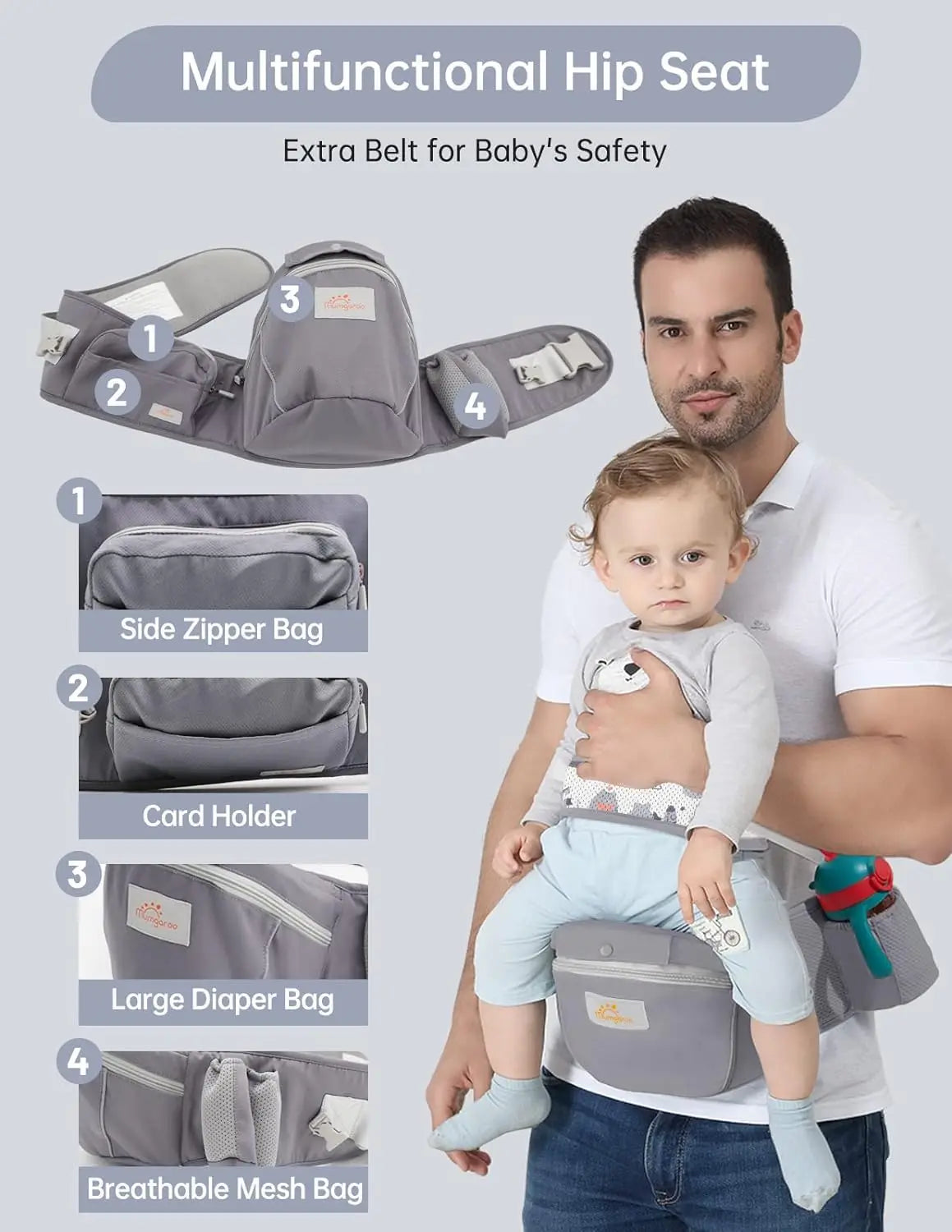 Baby Carrier, Newborn to Toddler, with Hood All Seasons & All Position Hip Carrier