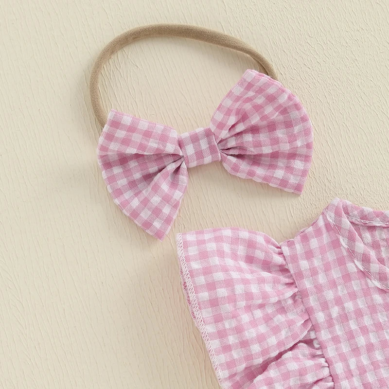 Infant Girls Checkered Romper Dress with Matching Headband