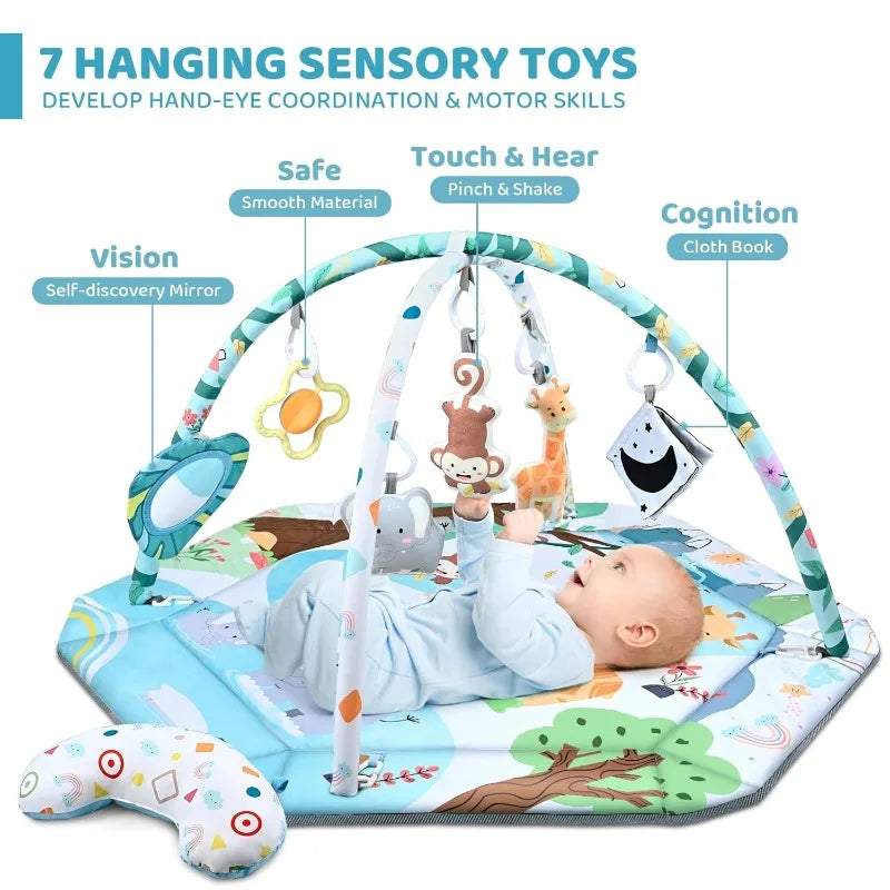 Baby Sensory Gym Play Mat, 8-in-1 Tummy Time 6 Toys, Washable