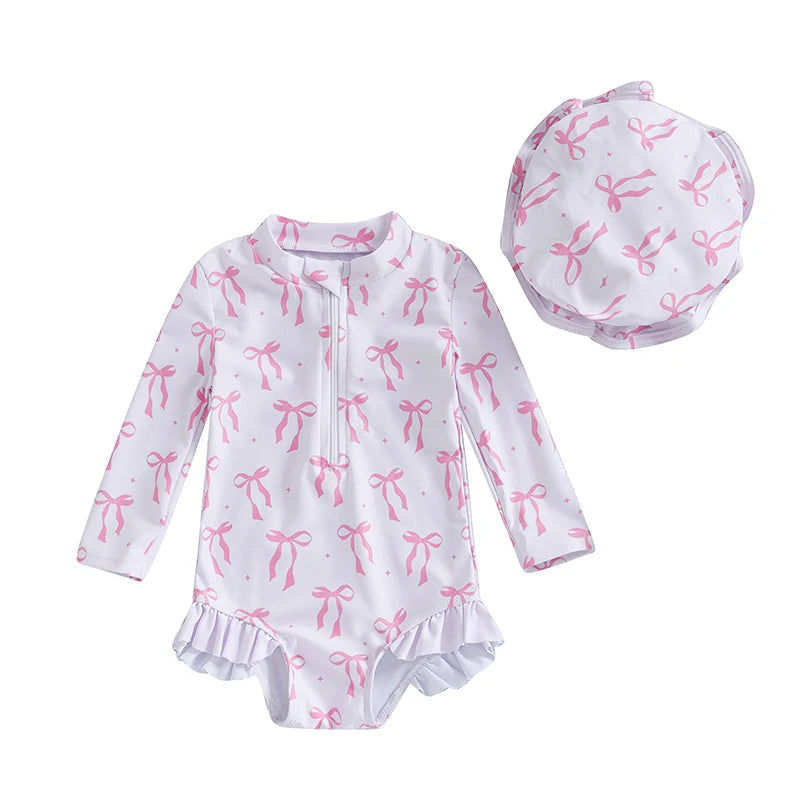 Girls Long Sleeve Swimsuit Romper with Bow Print and Matching Hat