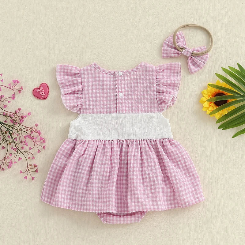 Infant Girls Checkered Romper Dress with Matching Headband