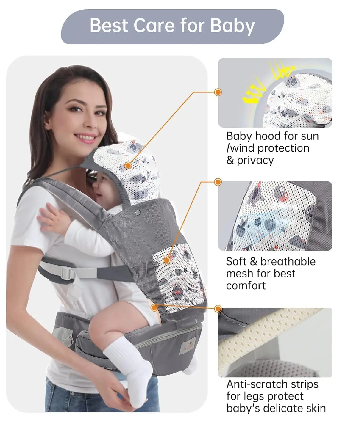 Baby Carrier, Newborn to Toddler, with Hood All Seasons & All Position Hip Carrier
