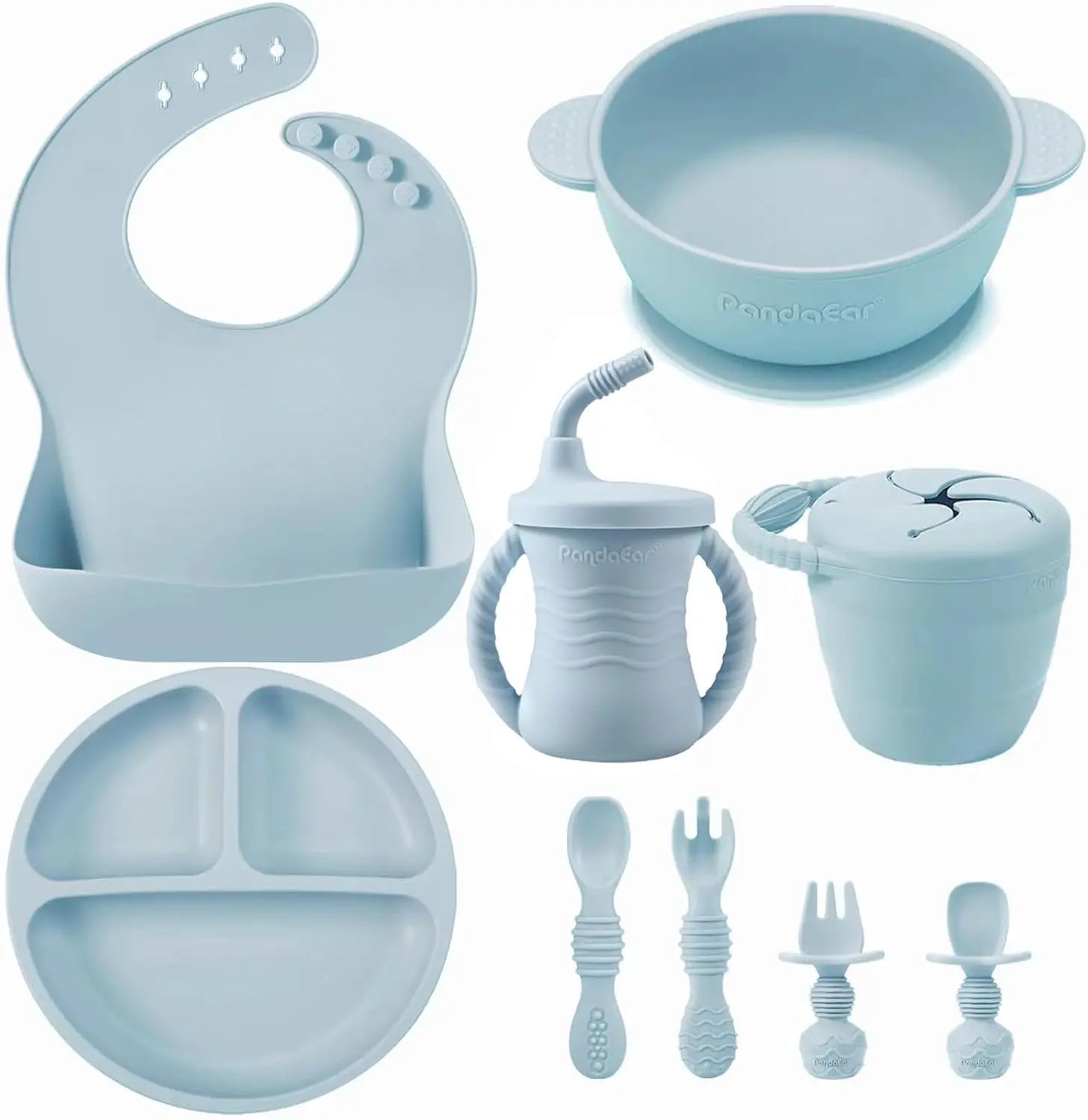 9 PCS Silicone Baby Feeding Set- Self Feeding Utensils- Divided Suction Plate- Bowl- Bib- Sippy Cup