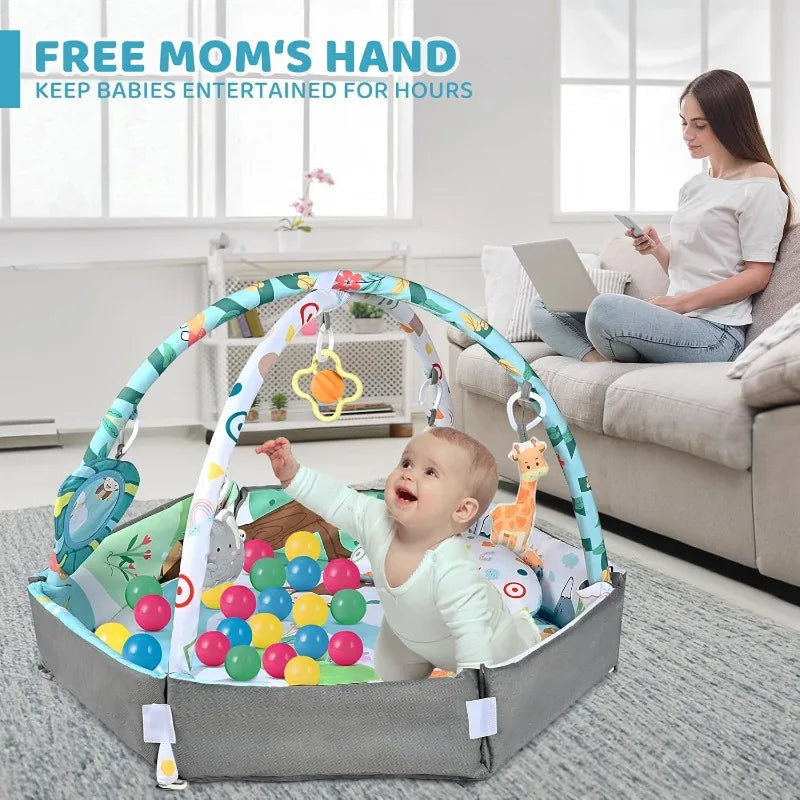 Baby Sensory Gym Play Mat, 8-in-1 Tummy Time 6 Toys, Washable