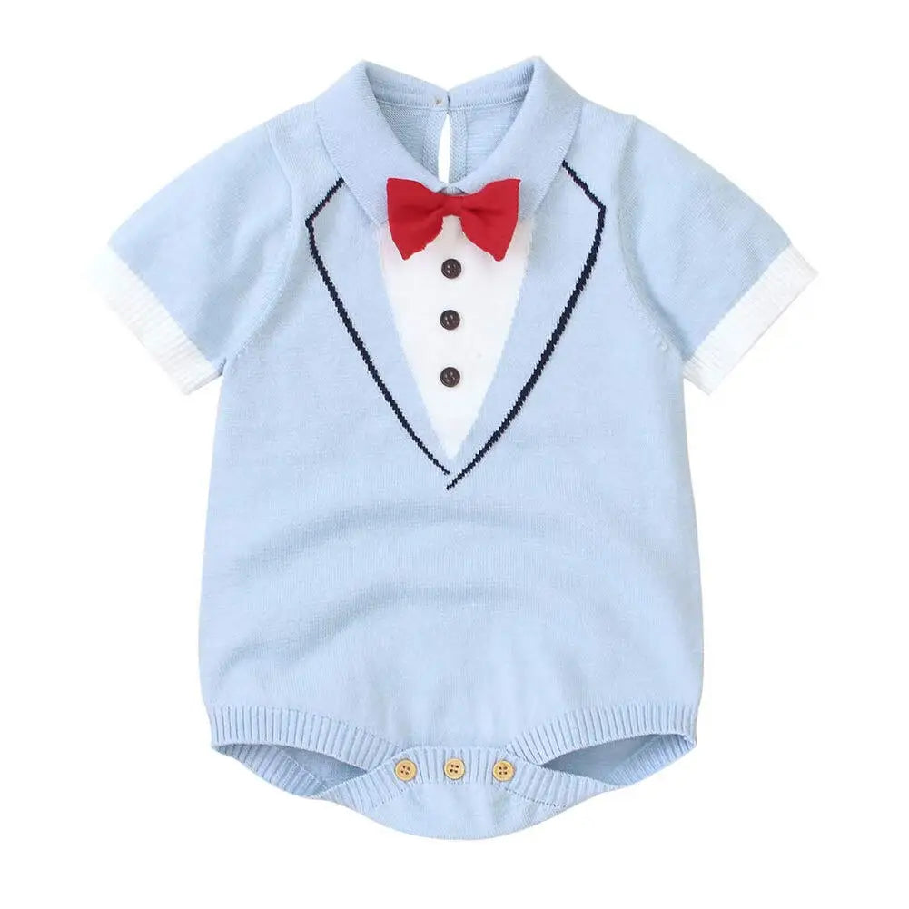 Baby Boys Clothes Cotton One Piece Romper with Bow-tie Button Snap Short Sleeves