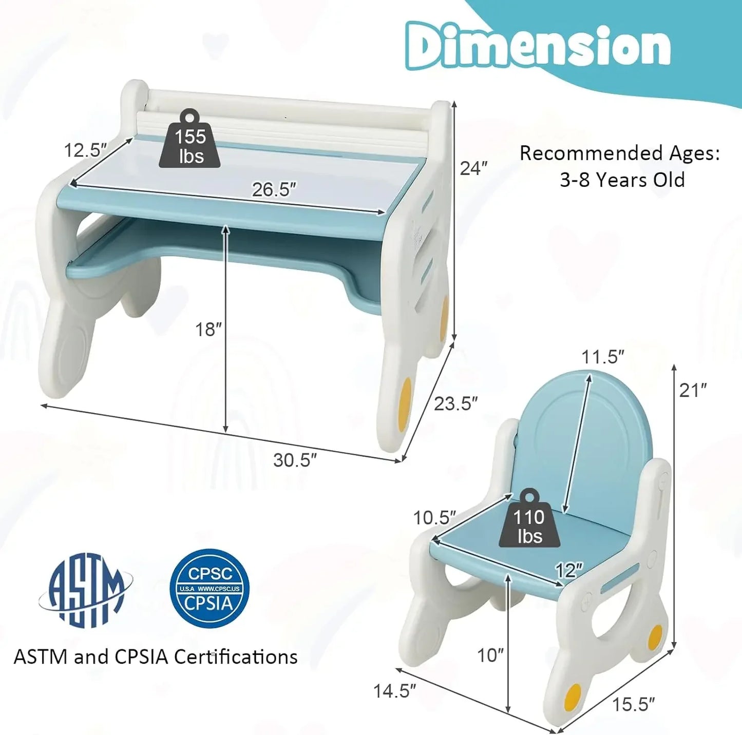 Kids Desk and Chair Set, with Watercolor Pens, Blackboard Eraser & Storage Shelf for Drawing,