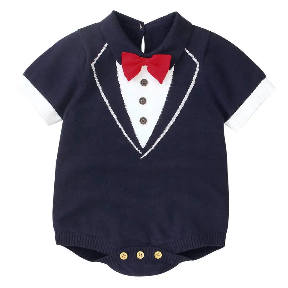 Baby Boys Clothes Cotton One Piece Romper with Bow-tie Button Snap Short Sleeves