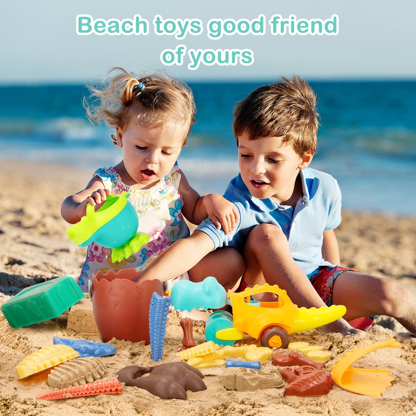Dinosaur Beach Toys for Kids 3-5- 33 PCS Sand Toys with Mesh Bag,