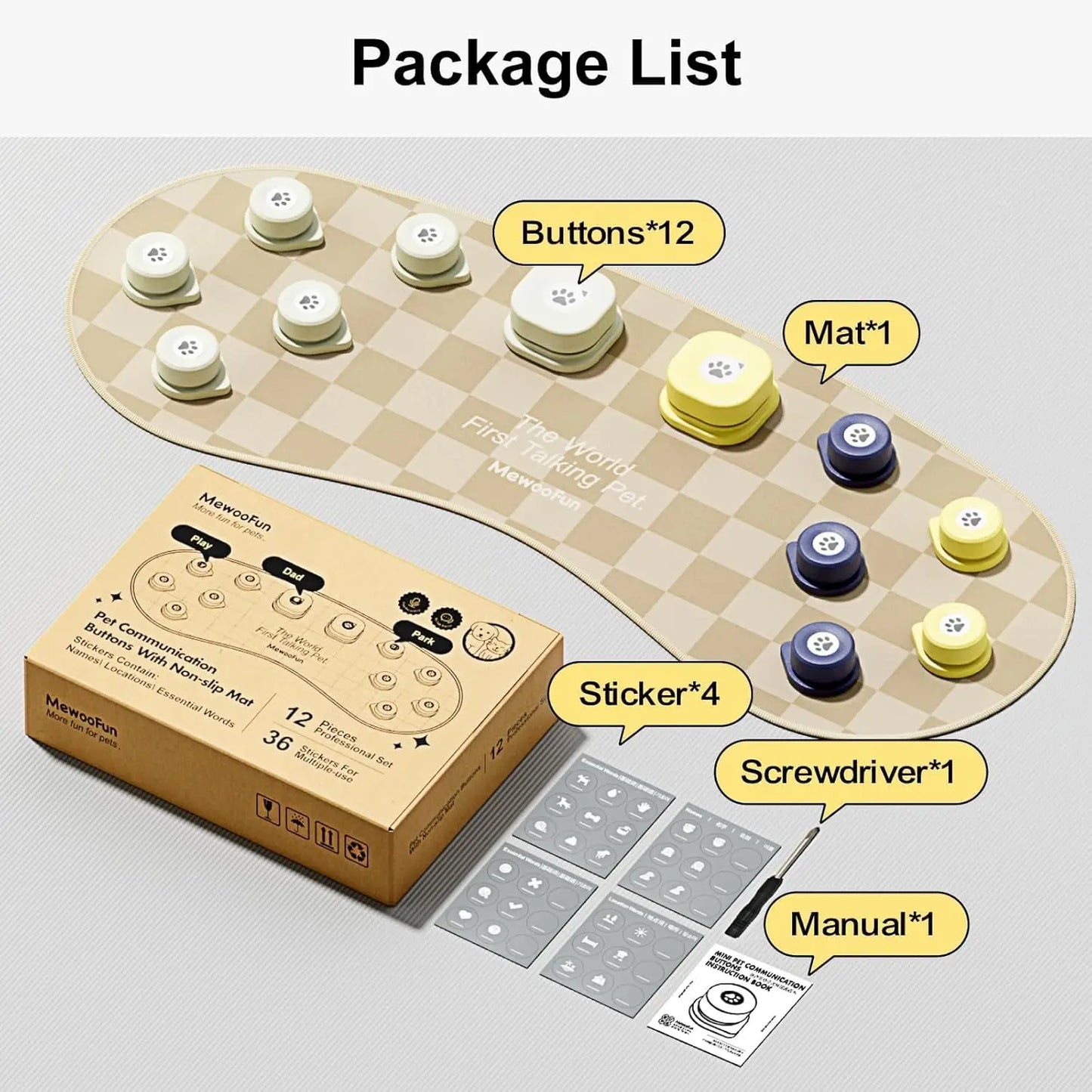 Dog Talking Button Set with Mat Communication Rechargeable Voice Recording Button 12 Packs