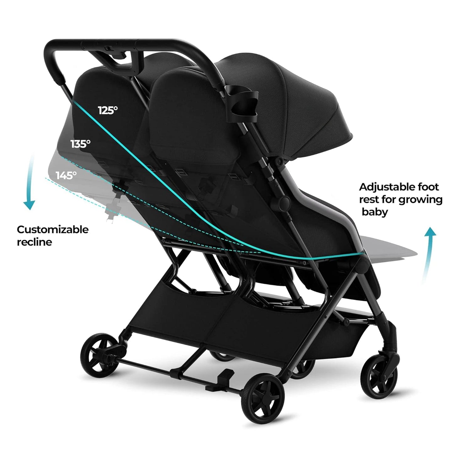 Double Stroller, Lightweight Side by Side Stroller, Large Seats with Individual Recline, Easy Fold