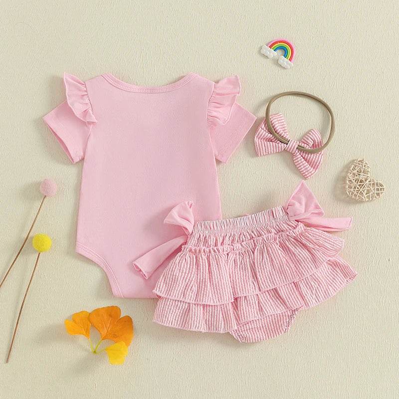 Baby Girls 3 Piece Set with Cute Letter Print and Bow Headband- choice of 3 colors
