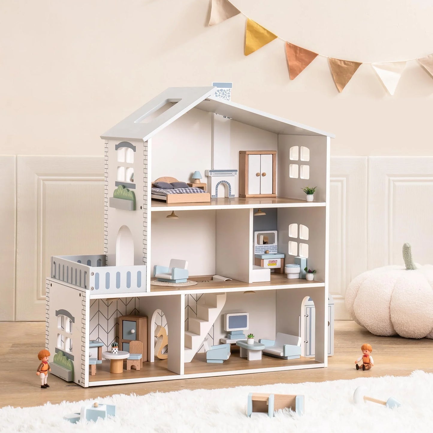 Wooden Dollhouse 6 Rooms 29 Realistic Accessories 4-6" Dolls Nordic Style Kids Ages 3+