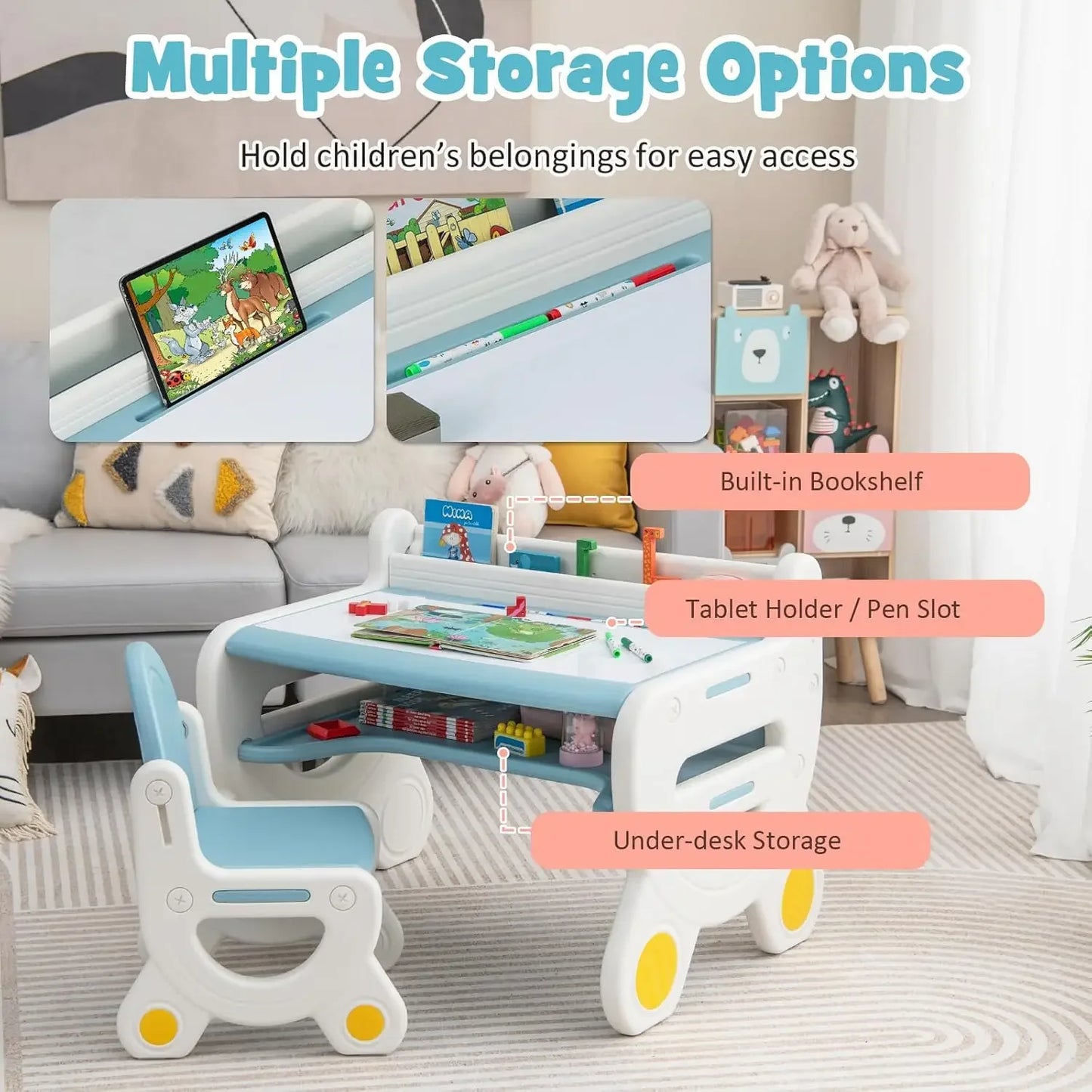 Kids Desk and Chair Set, with Watercolor Pens, Blackboard Eraser & Storage Shelf for Drawing,