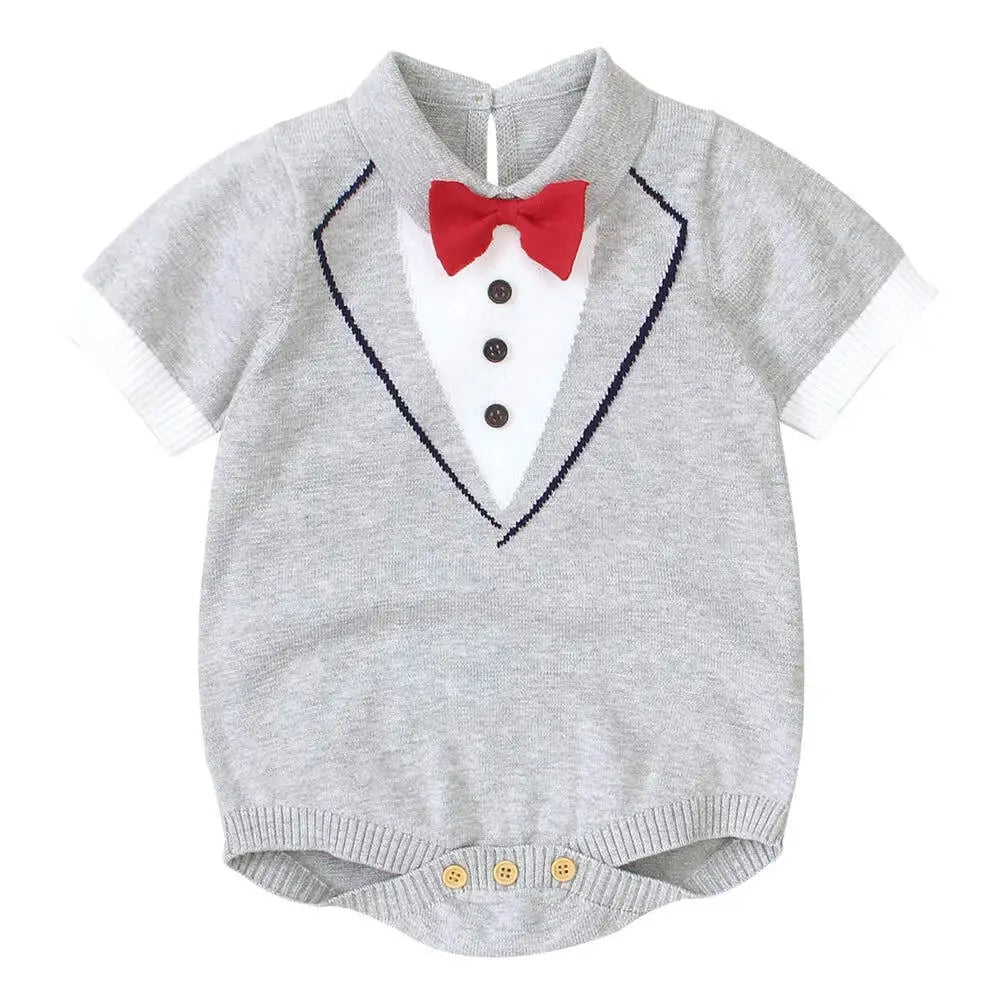 Baby Boys Clothes Cotton One Piece Romper with Bow-tie Button Snap Short Sleeves