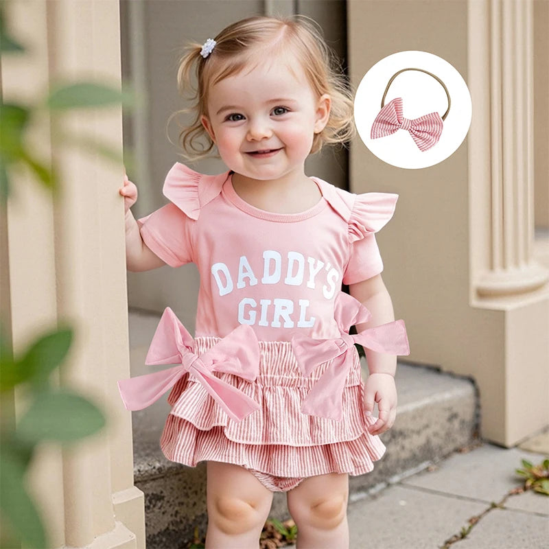 Baby Girls 3 Piece Set with Cute Letter Print and Bow Headband- choice of 3 colors
