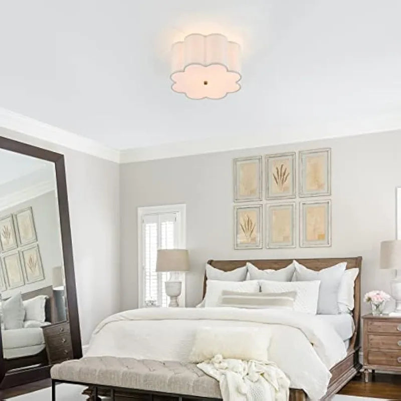 Semi Flush Mount Ceiling Light Fixture, Cream/ White Fabric Drum Shade for Nursery/ Kids Room