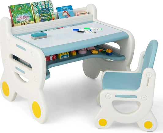 Kids Desk and Chair Set, with Watercolor Pens, Blackboard Eraser & Storage Shelf for Drawing,