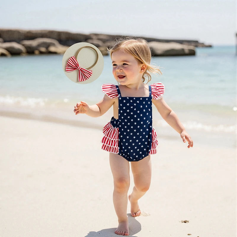 Infant Girls American Flag Romper with Ruffle and Bow Headband