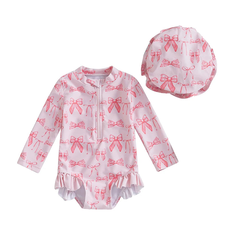Girls Long Sleeve Swimsuit Romper with Bow Print and Matching Hat