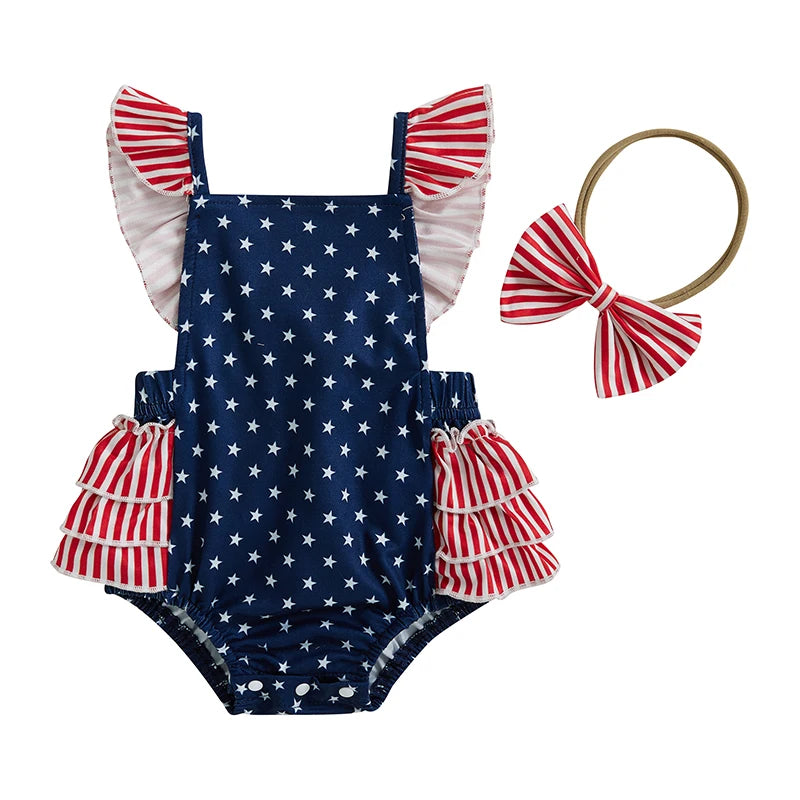 Infant Girls American Flag Romper with Ruffle and Bow Headband
