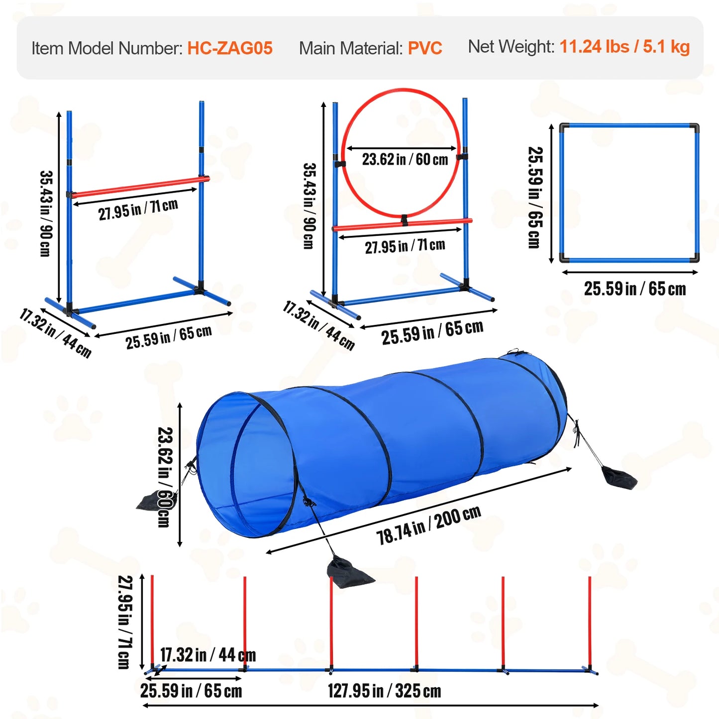 Dog Agility Training Equipment 5 PCS Set  with Adjustable Hurdles Extended Tunnel  Obstacle Course Kit with Bag