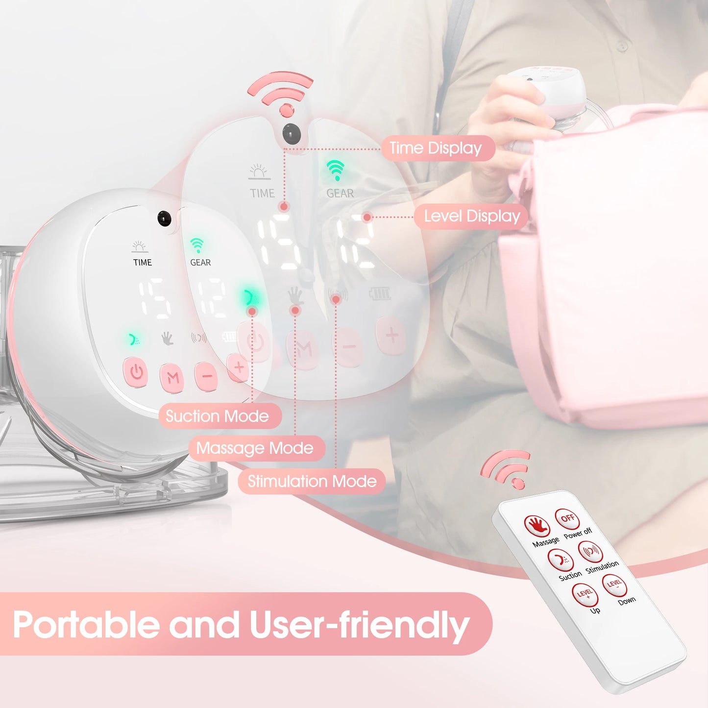 Breast Pump 1200mAh Portable Hands Free  12 Levels 3 Modes Electric Remote Control