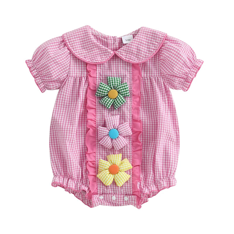 Infant/Toddler Girls Floral Print Ruffle Sleeve Romper with Bowknot Headband   3 colors available