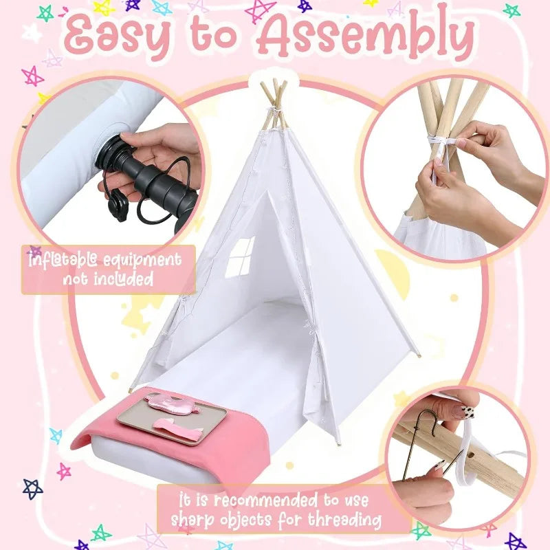 8 Pcs Kids Teepee - string lights, Inflatable Airbed, Bedding , Washable