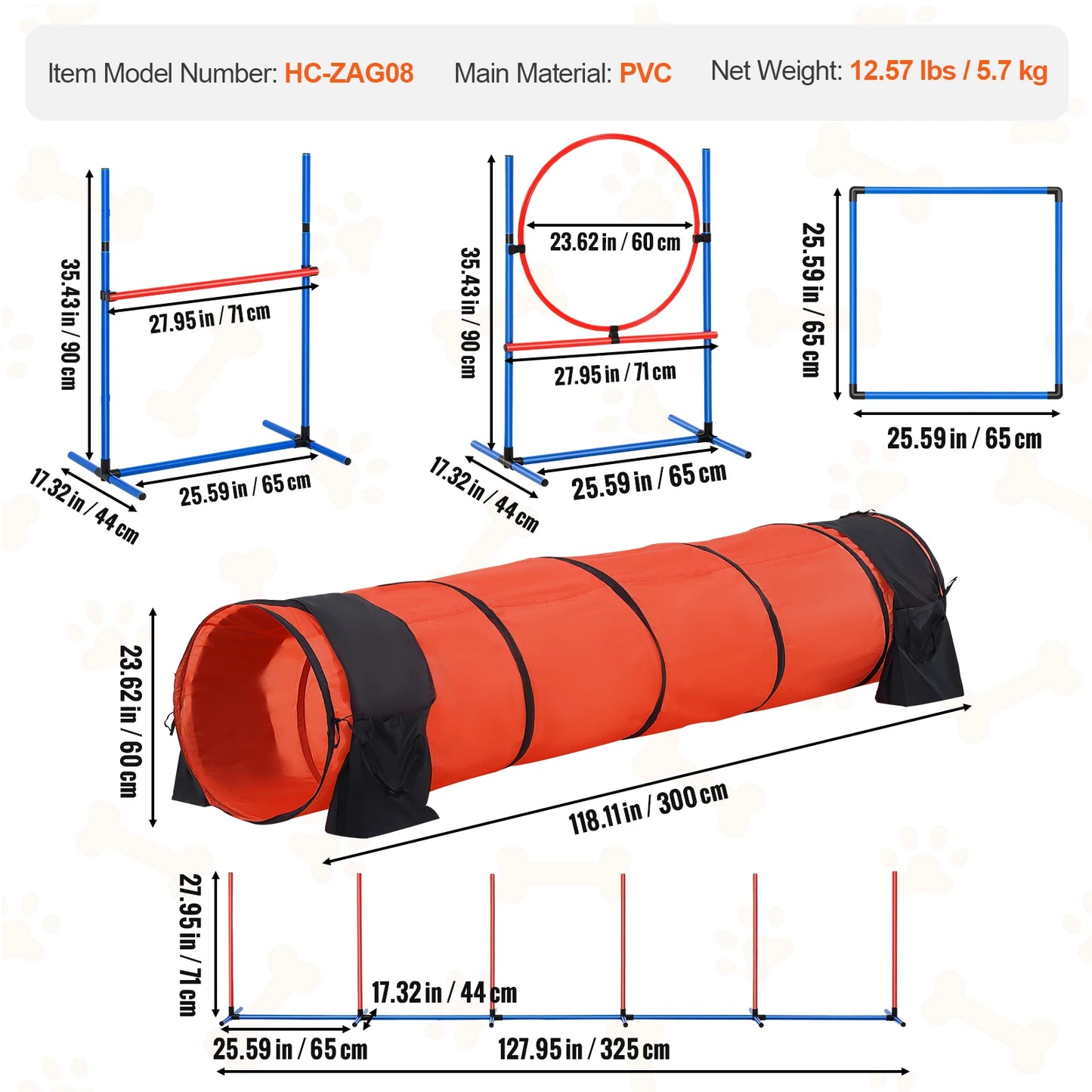 Dog Agility Training Equipment 5 PCS Set  with Adjustable Hurdles Extended Tunnel  Obstacle Course Kit with Bag