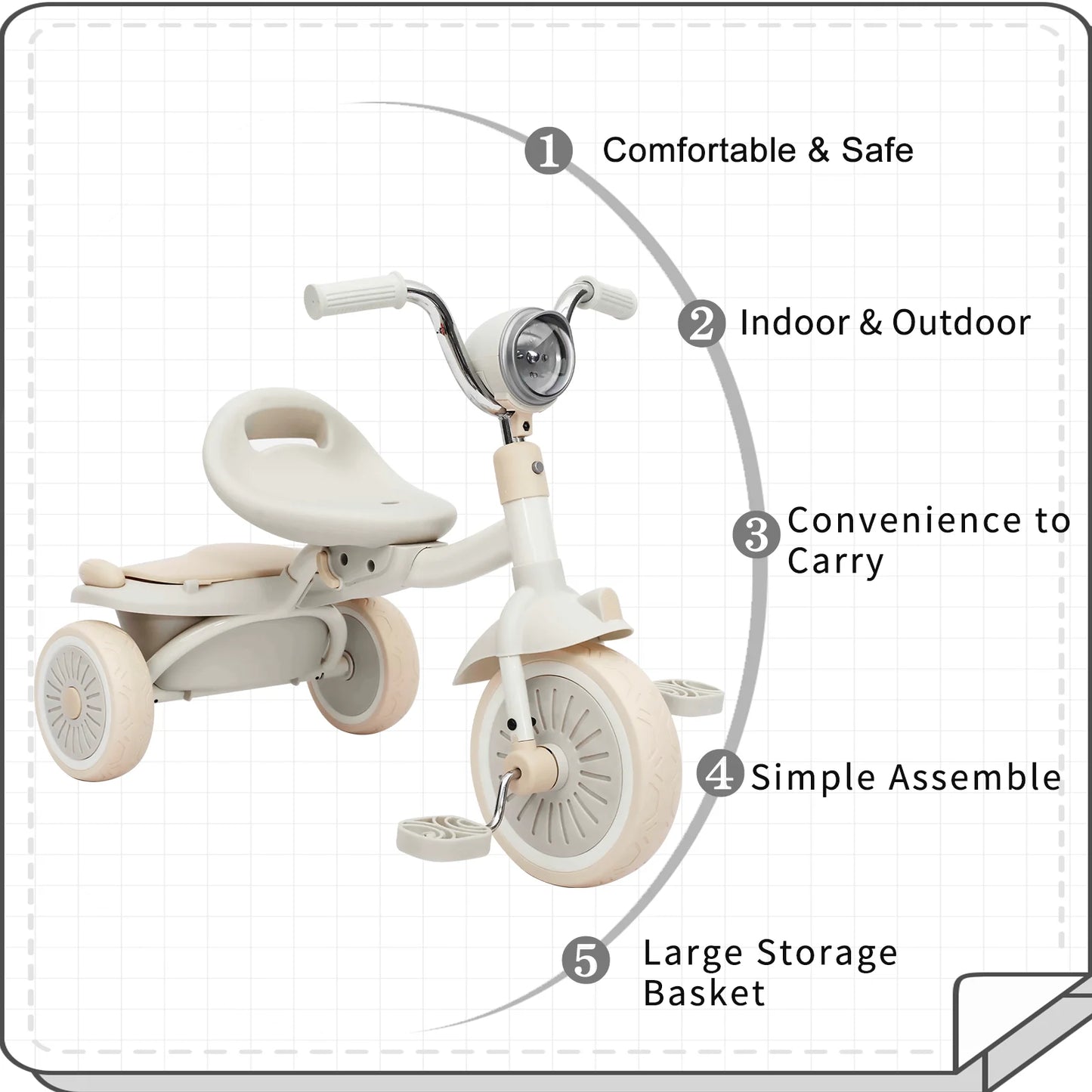 Foldable Tricycle Pedals,  Shock-absorbing PU Wheels , Light, 1-5 Years