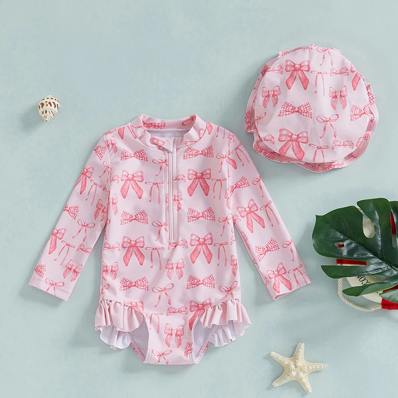 Girls Long Sleeve Swimsuit Romper with Bow Print and Matching Hat