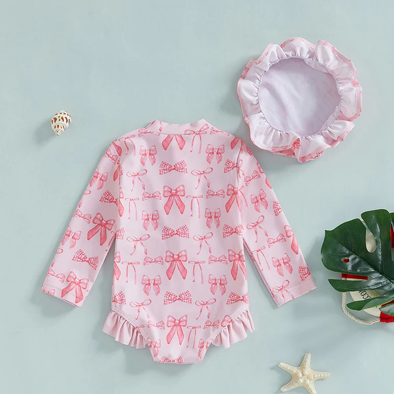 Girls Long Sleeve Swimsuit Romper with Bow Print and Matching Hat