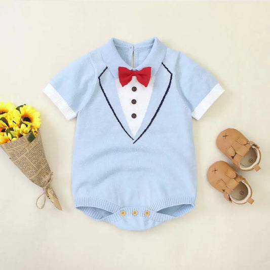 Baby Boys Clothes Cotton One Piece Romper with Bow-tie Button Snap Short Sleeves