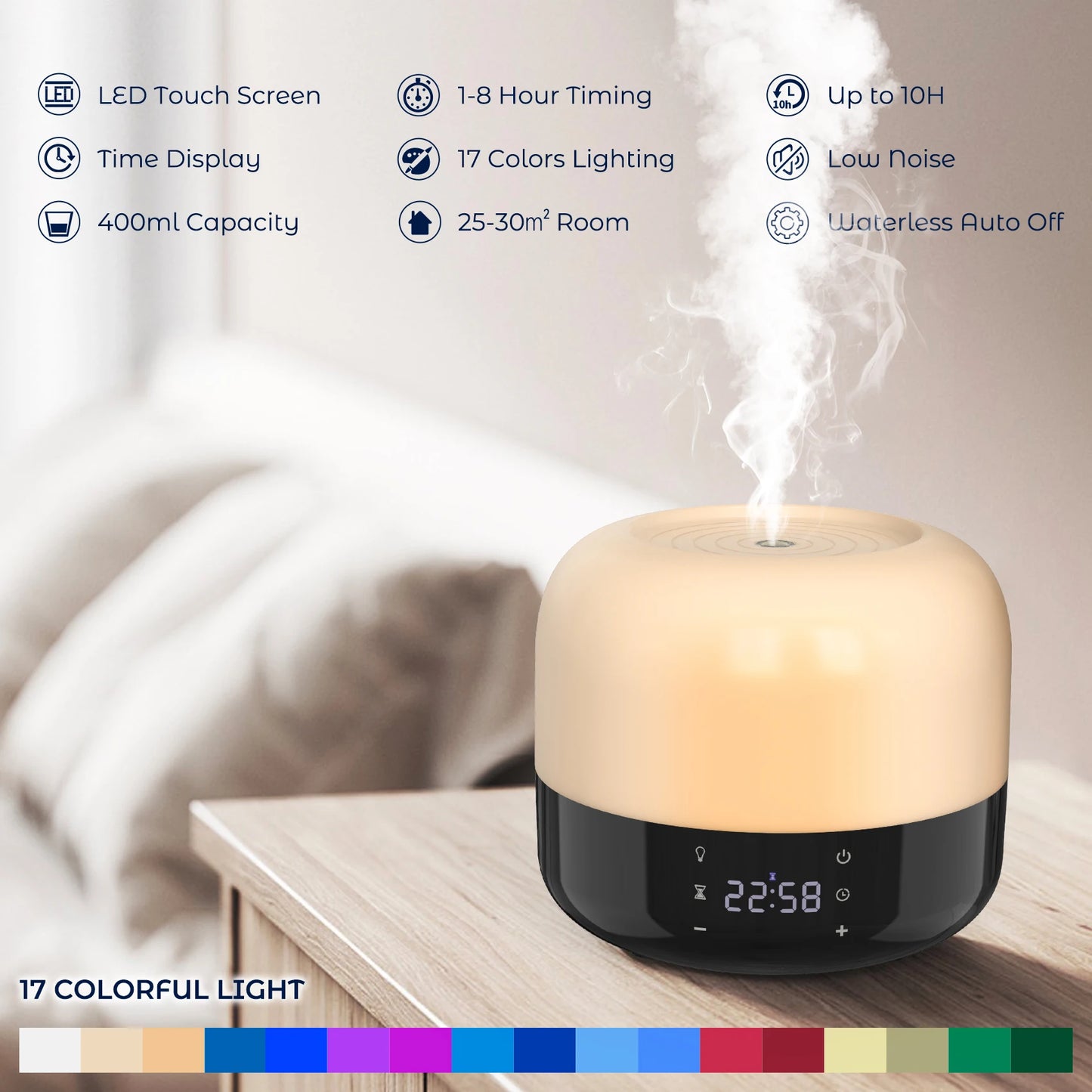 Cool Mist Humidifier  Top Fill, Aroma Diffuser, 1-8 Hour Timer, 7 Atmosphere Lights