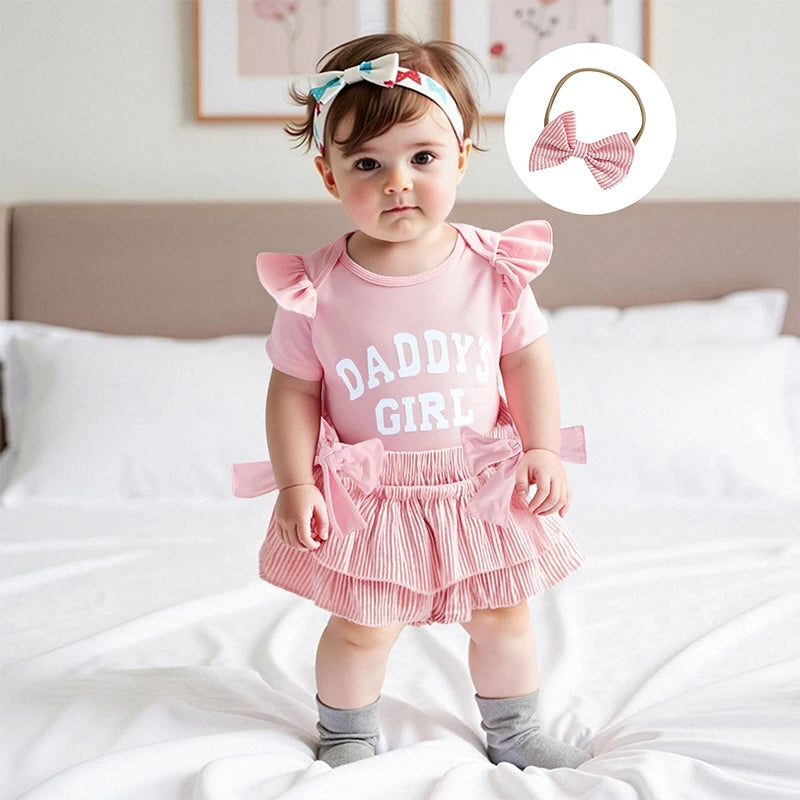 Baby Girls 3 Piece Set with Cute Letter Print and Bow Headband- choice of 3 colors