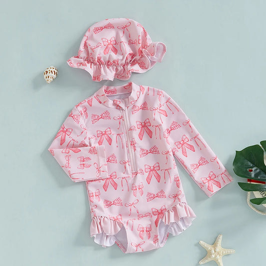 Girls Long Sleeve Swimsuit Romper with Bow Print and Matching Hat