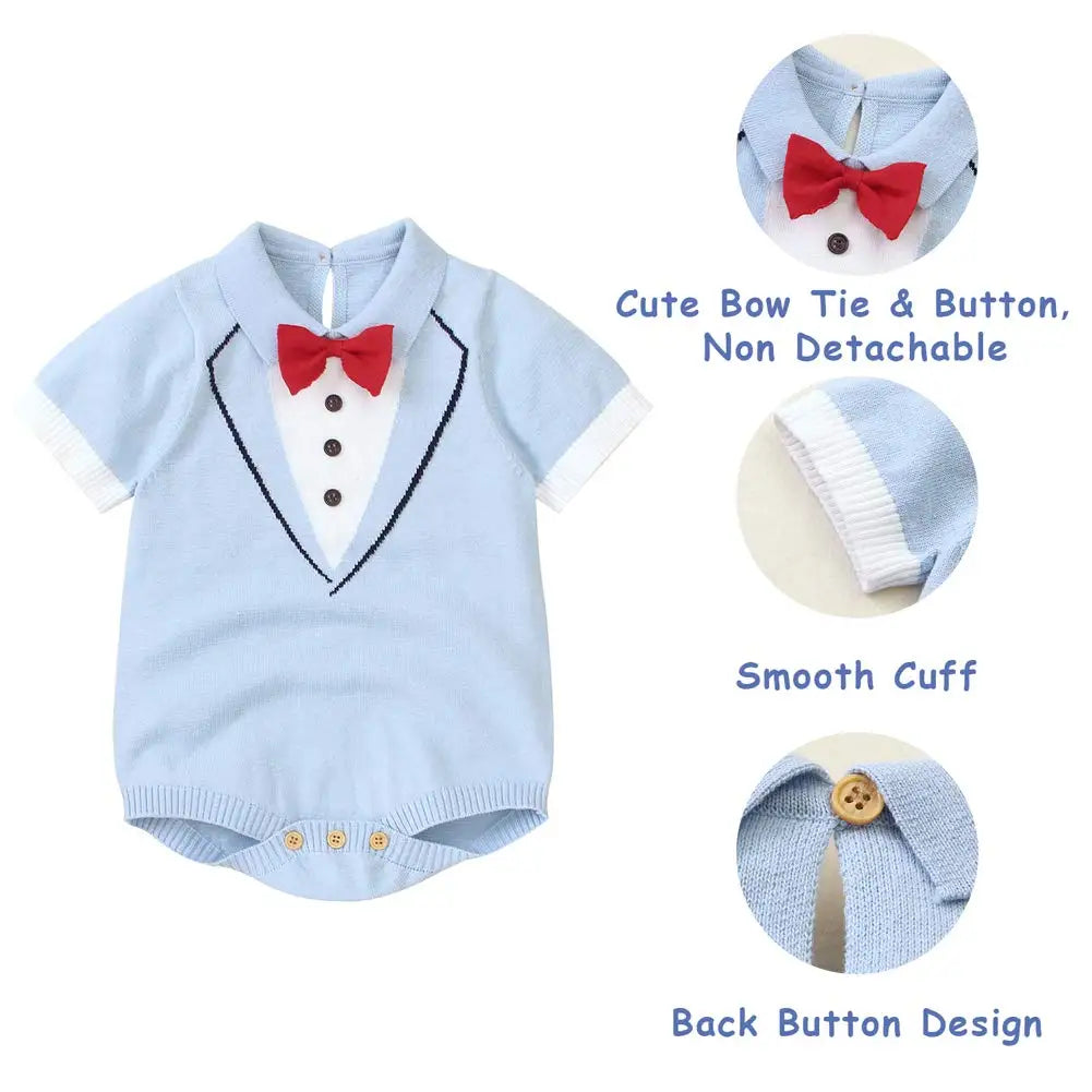 Baby Boys Clothes Cotton One Piece Romper with Bow-tie Button Snap Short Sleeves