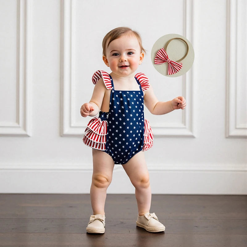 Infant Girls American Flag Romper with Ruffle and Bow Headband
