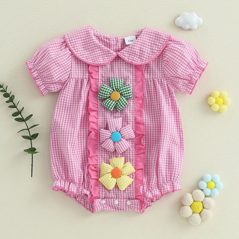 Infant/Toddler Girls Floral Print Ruffle Sleeve Romper with Bowknot Headband   3 colors available