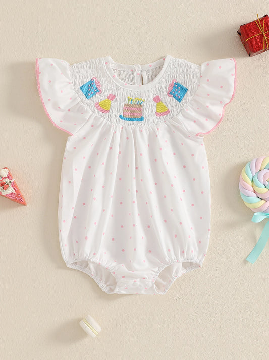 Girls Romper with Cupcake Embroidery and Flutter Sleeves - Perfect for Birthday Celebrations
