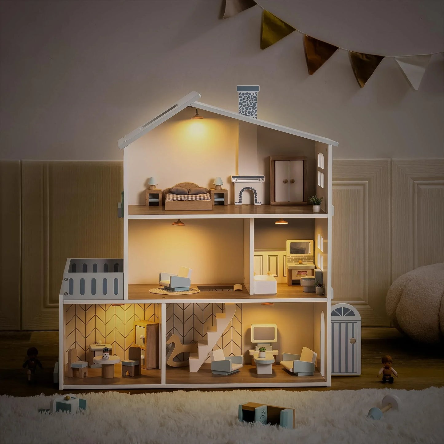 Wooden Dollhouse 6 Rooms 29 Realistic Accessories 4-6" Dolls  Nordic Style Kids  Ages 3+
