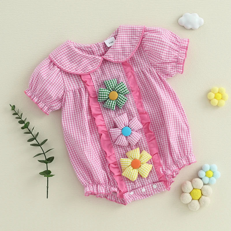 Infant/Toddler Girls Floral Print Ruffle Sleeve Romper with Bowknot Headband   3 colors available