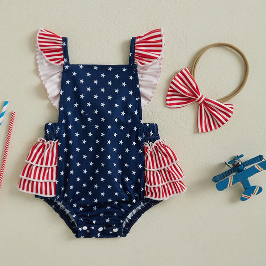 Infant Girls American Flag Romper with Ruffle and Bow Headband
