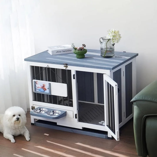 Foldable Wooden Furniture Kennel with 360° Rotatable Bowls, Photo Frame & Message Board