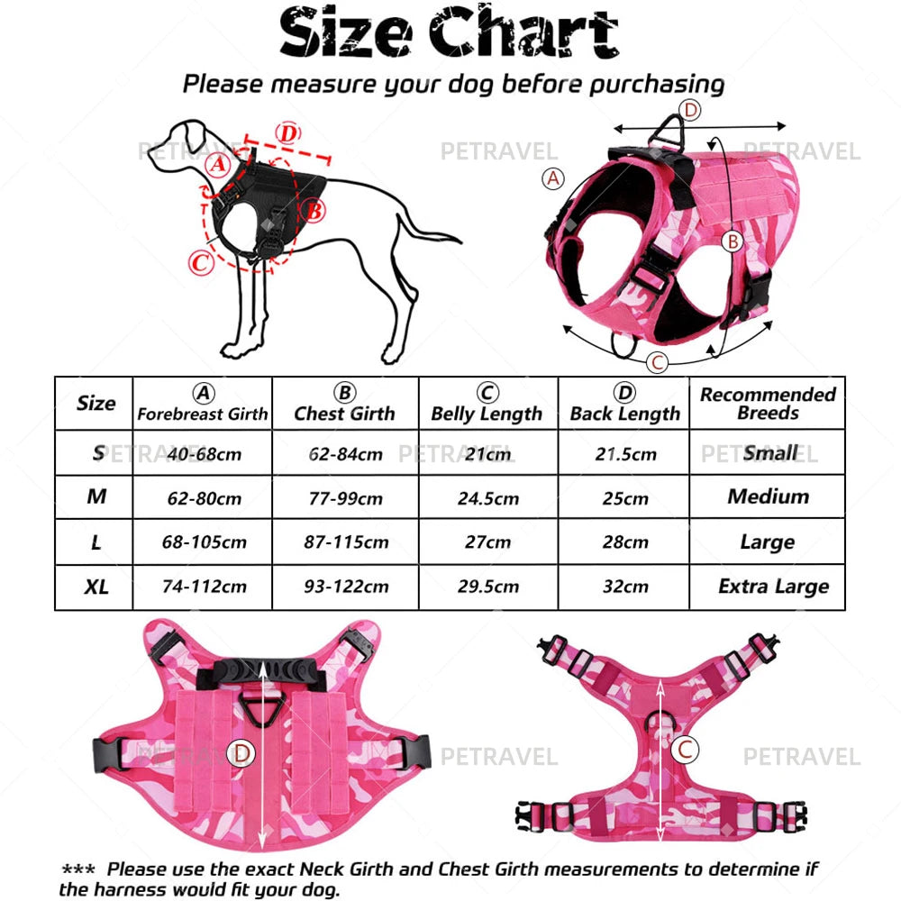 Military Pink Camouflage Dog Harness Leash - Large/ Medium Dogs