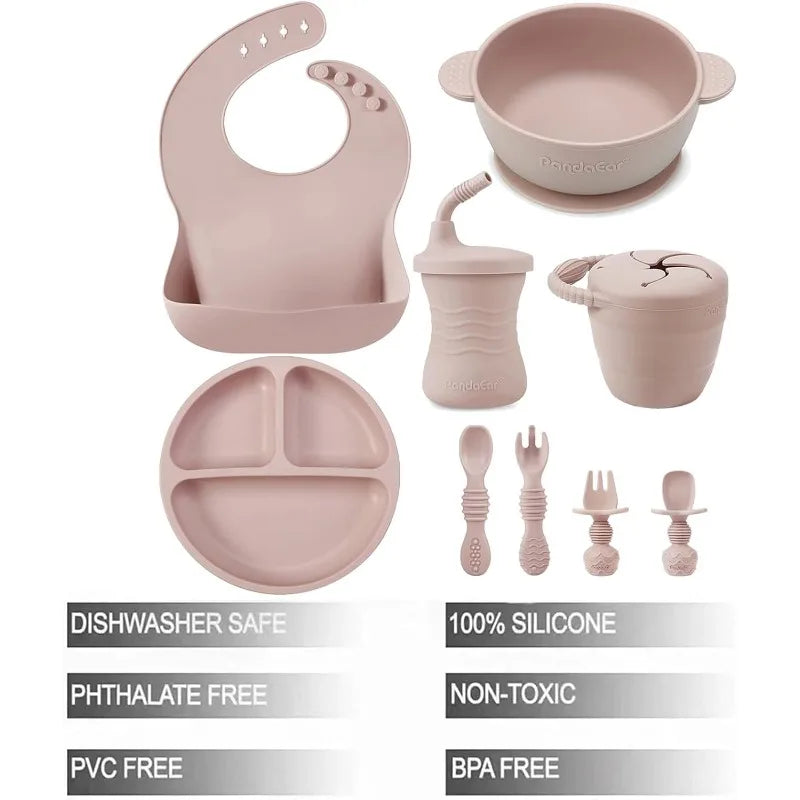 9 PCS Silicone Baby Feeding Set- Self Feeding Utensils- Divided Suction Plate- Bowl- Bib- Sippy Cup