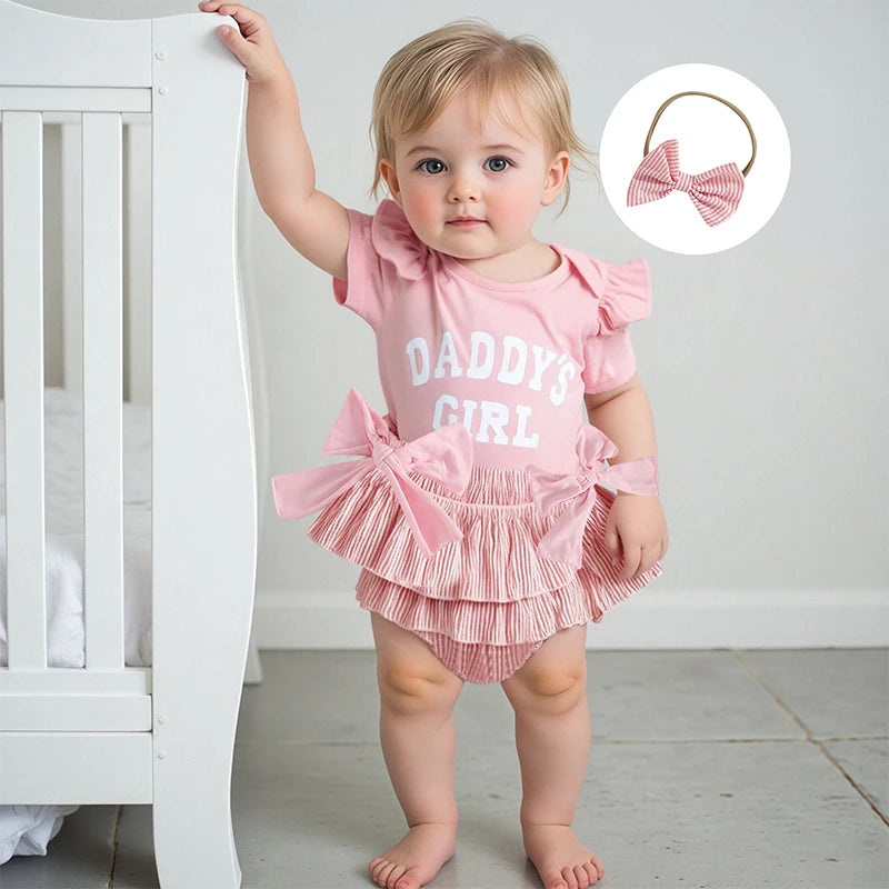 Baby Girls 3 Piece Set with Cute Letter Print and Bow Headband- choice of 3 colors
